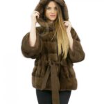 Giacca pelliccia con cintura 52 visone orizzontale con cappuccio brown lungo 60 centimetri
