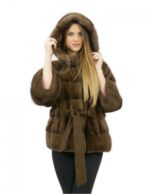 Giacca pelliccia con cintura 52 visone orizzontale con cappuccio brown lungo 60 centimetri