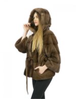 Меховая куртка с поясом 52 горизонтальные норки с коричневым капюшоном длиной 60 см — изображение 3