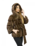 Меховая куртка с поясом 52 горизонтальные норки с коричневым капюшоном длиной 60 см — изображение 4