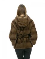 Меховая куртка с поясом 52 горизонтальные норки с коричневым капюшоном длиной 60 см — изображение 6