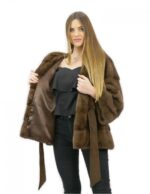 Меховая куртка с поясом 52 горизонтальные норки с коричневым капюшоном длиной 60 см — изображение 7