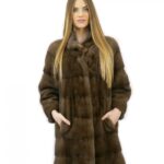 Cappotto pelliccia 44 visone orizzontale con collo coreana brown lungo 82 centimetri tasche esterne