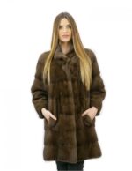 Cappotto pelliccia 44 visone orizzontale con collo coreana brown lungo 82 centimetri tasche esterne