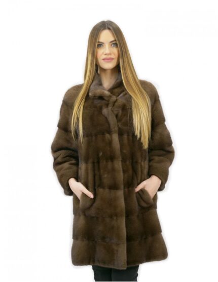 Cappotto pelliccia 44 visone orizzontale con collo coreana brown lungo 82 centimetri tasche esterne