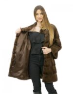 Шуба 44 горизонтальные норки с корейским коричневым воротником 82 см длиной внешние карманы — изображение 7