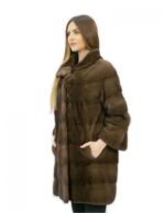 Шуба 48 горизонтальная норка с корейским коричневым воротником 82 см длиной внешние карманы — изображение 3