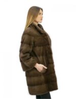 Шуба 48 горизонтальная норка с корейским коричневым воротником 82 см длиной внешние карманы — изображение 4