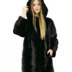 Pelliccia giacca black 52 visone orizzontale e pelle intera con cappuccio tasche esterne