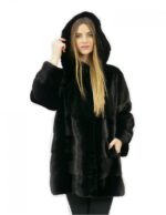 Pelliccia giacca black 52 visone orizzontale e pelle intera con cappuccio tasche esterne