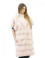 1 Pelliccia smanicato rosa 52 visone orizzontale e pelle intera con pistagna tasche esterne