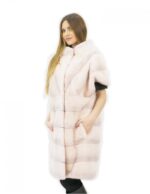 2 Pelliccia smanicato rosa 52 visone orizzontale e pelle intera con pistagna tasche esterne