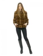 Pelzjacke Größe 44 Golden Nerz horizontal und ganzes Leder mit Kapuze Außentaschen – Bild 5