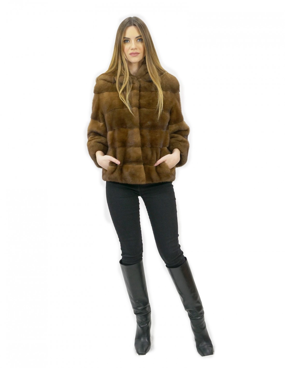 Pelzjacke Größe 44 Golden Nerz horizontal und ganzes Leder mit Kapuze Außentaschen – Bild 5