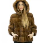 Pelliccia giacca taglia 44 golden visone orizzontale e pelle intera con cappuccio tasche esterne