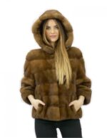 Pelliccia giacca taglia 44 golden visone orizzontale e pelle intera con cappuccio tasche esterne