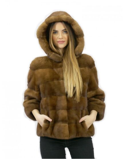 Pelliccia giacca taglia 44 golden visone orizzontale e pelle intera con cappuccio tasche esterne