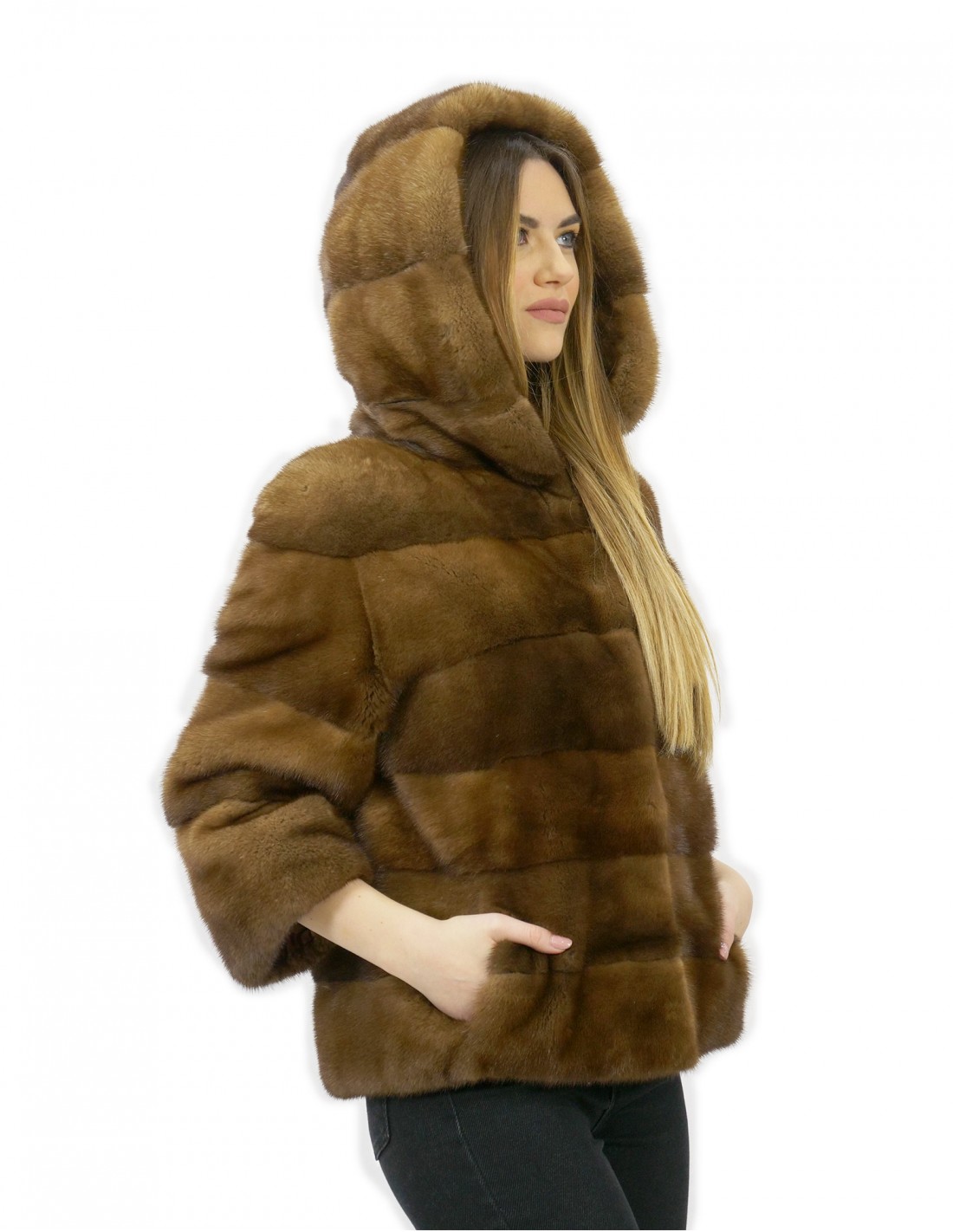 Pelzjacke Größe 44 Golden Nerz horizontal und ganzes Leder mit Kapuze Außentaschen – Bild 3