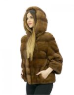 Pelzjacke Größe 44 Golden Nerz horizontal und ganzes Leder mit Kapuze Außentaschen – Bild 4