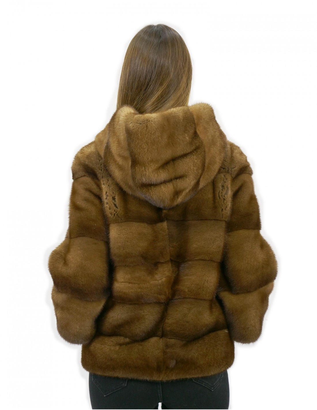 Pelzjacke Größe 44 Golden Nerz horizontal und ganzes Leder mit Kapuze Außentaschen – Bild 6