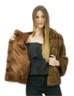 Pelzjacke Größe 44 Golden Nerz horizontal und ganzes Leder mit Kapuze Außentaschen – Bild 7