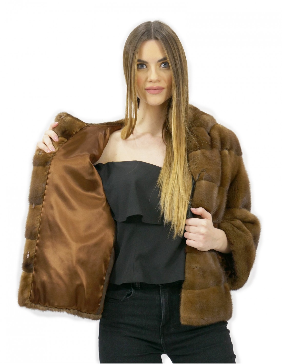 Pelzjacke Größe 44 Golden Nerz horizontal und ganzes Leder mit Kapuze Außentaschen – Bild 7