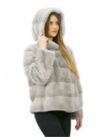 1 Pelliccia zaffiro visone orizzontale 50 cappuccio foderato pelliccia manica lunga tasche