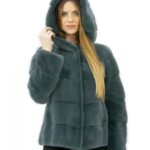 Pelliccia verde assenzio visone orizzontale 46 cappuccio foderato pelliccia manica lunga tasche