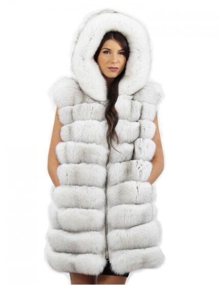 Gilet di pelliccia di volpe taglia 52 colore grigio con cappuccio vaporoso e zip