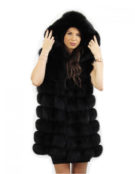 Pelliccia di volpe Gilet colore nero taglia 52 con cappuccio e coulisse interna vita
