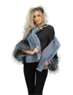 5 Mantella in pelliccia di visone azzurro taglia 44 con pelliccia di volpe sulle maniche e tasche con spacchetti al fondo