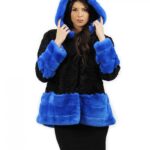 Black and Persian blue fur jacket and rex size 52 with long sleeve hood elegant model