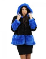 Black and Persian blue fur jacket and rex size 52 with long sleeve hood elegant model