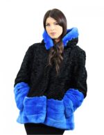 Black and Persian blue fur jacket and rex size 52 with long sleeve hood elegant model - Image 2