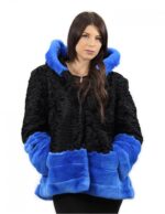 Schwarze und persische blaue Pelzjacke und Rex Größe 54 mit langärmelige Kapuze elegantes Modell – Bild 4