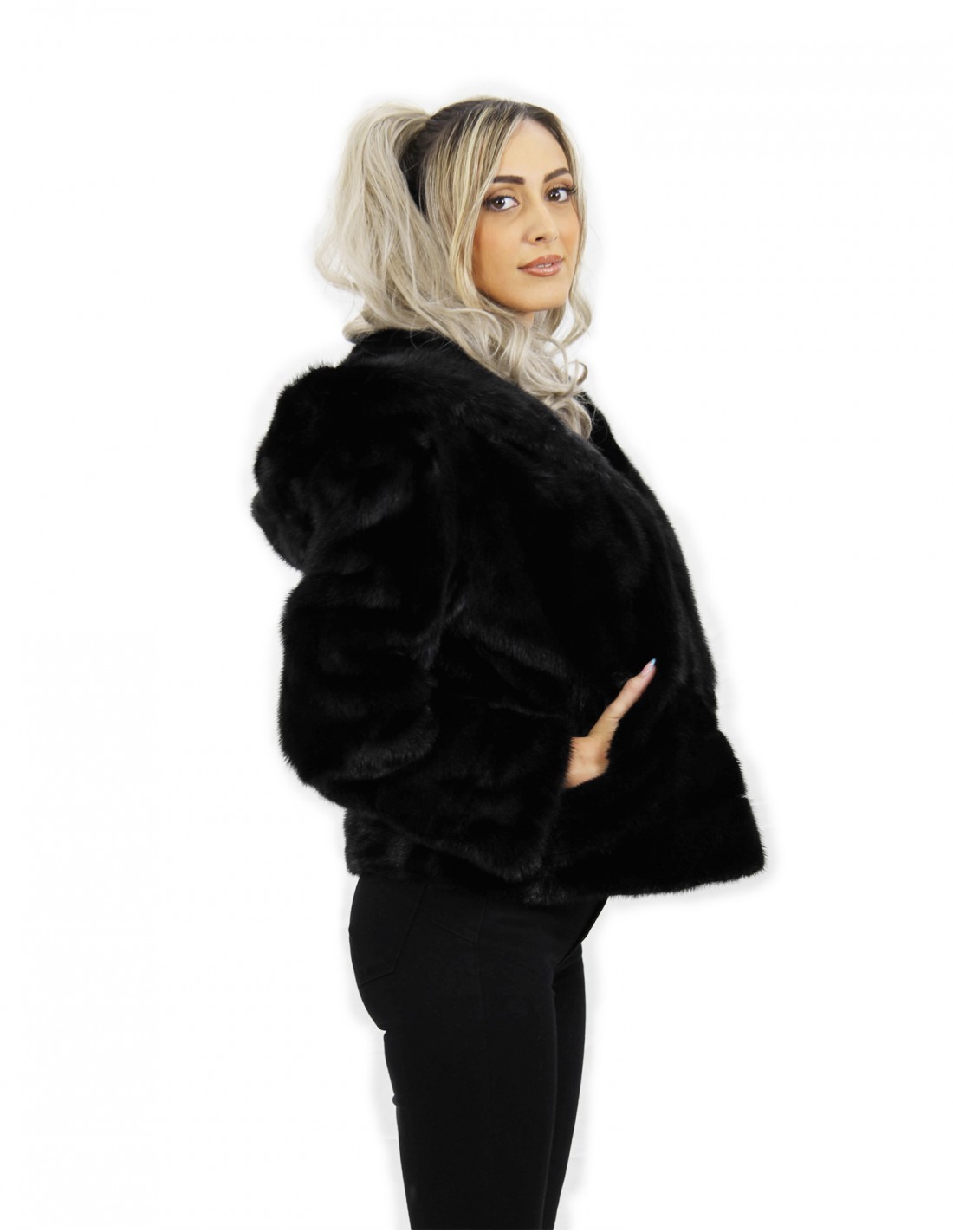 Black horizontal mink fur jacket size 44 long sleeve elegant model - Image 4