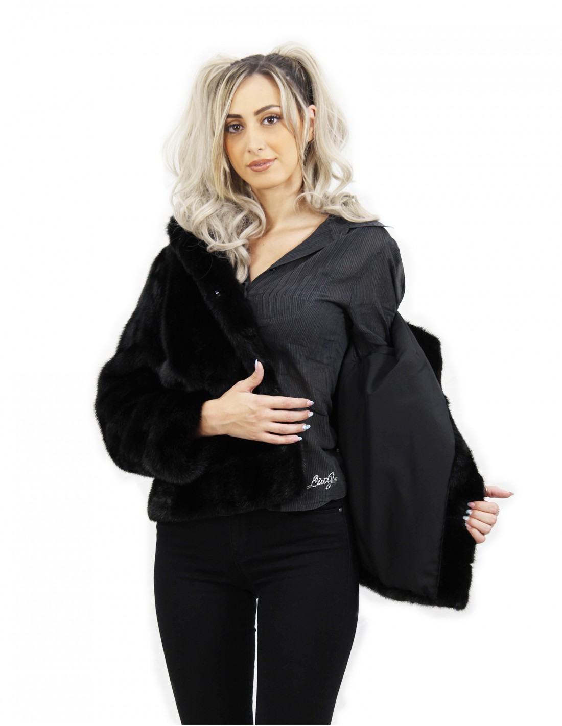 Black horizontal mink fur jacket size 44 long sleeve elegant model - Image 7