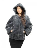 Grey faux fur size 46 short hair with hood and sleeve 3/4 - Image 2