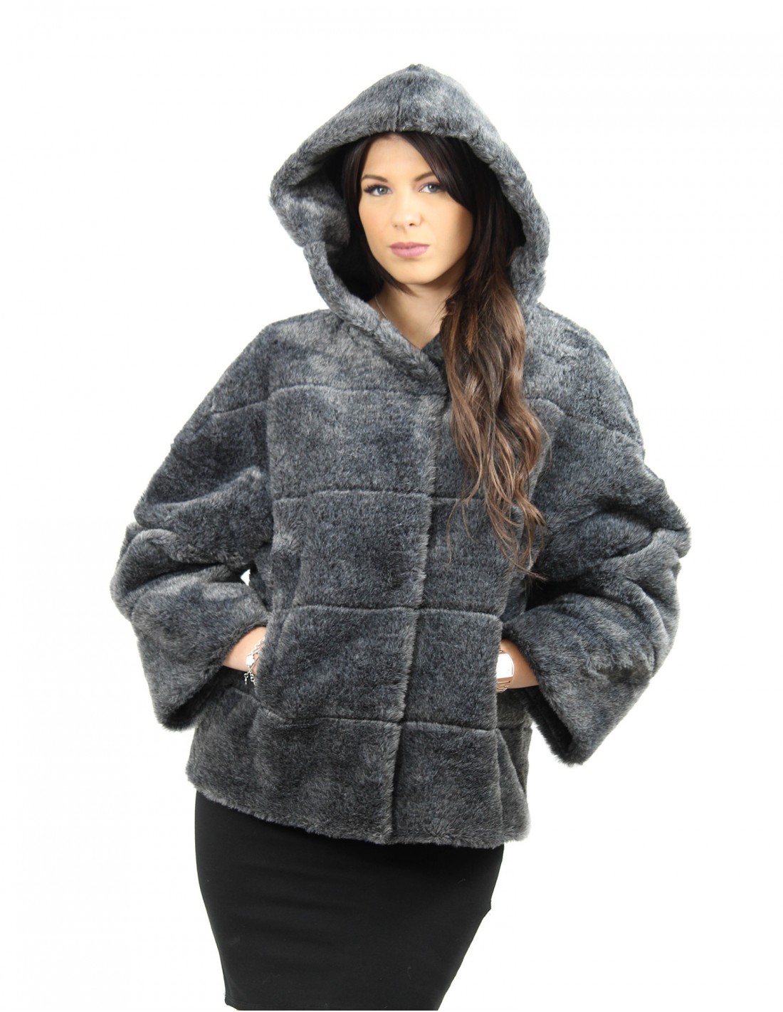 Grey faux fur size 46 short hair with hood and sleeve 3/4 - Image 2