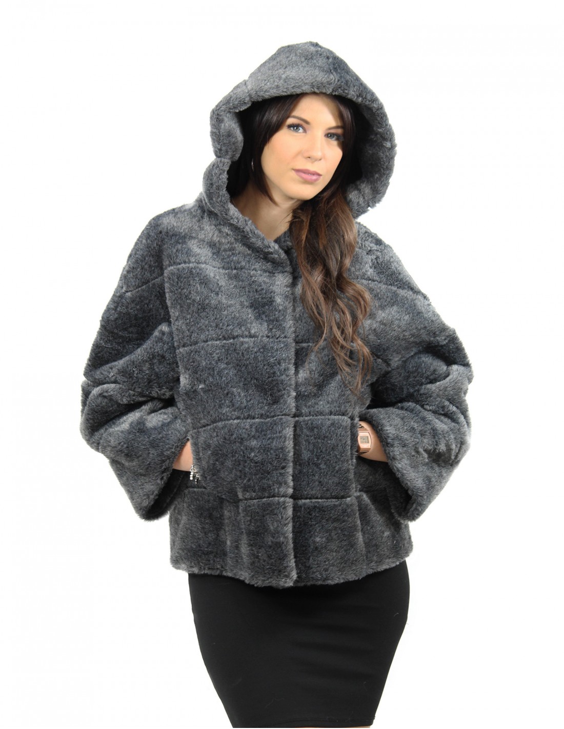 Grey faux fur size 46 short hair with hood and sleeve 3/4 - Image 3