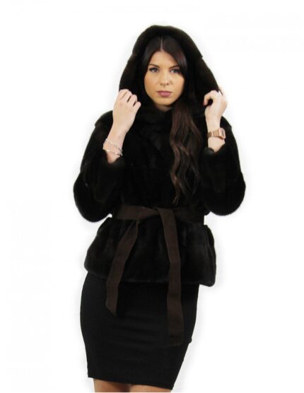 Giacca con cappuccio mogano taglia 44 pelliccia di visone orizzontale con cintura in pelle tasche esterne