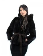 Mahagoni Kapuzenjacke Größe 44 horizontales Nerzfell mit Ledergürtel Außentaschen – Bild 3