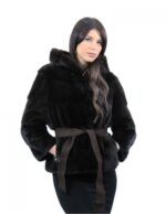 Mahagoni Kapuzenjacke Größe 44 horizontales Nerzfell mit Ledergürtel Außentaschen – Bild 4