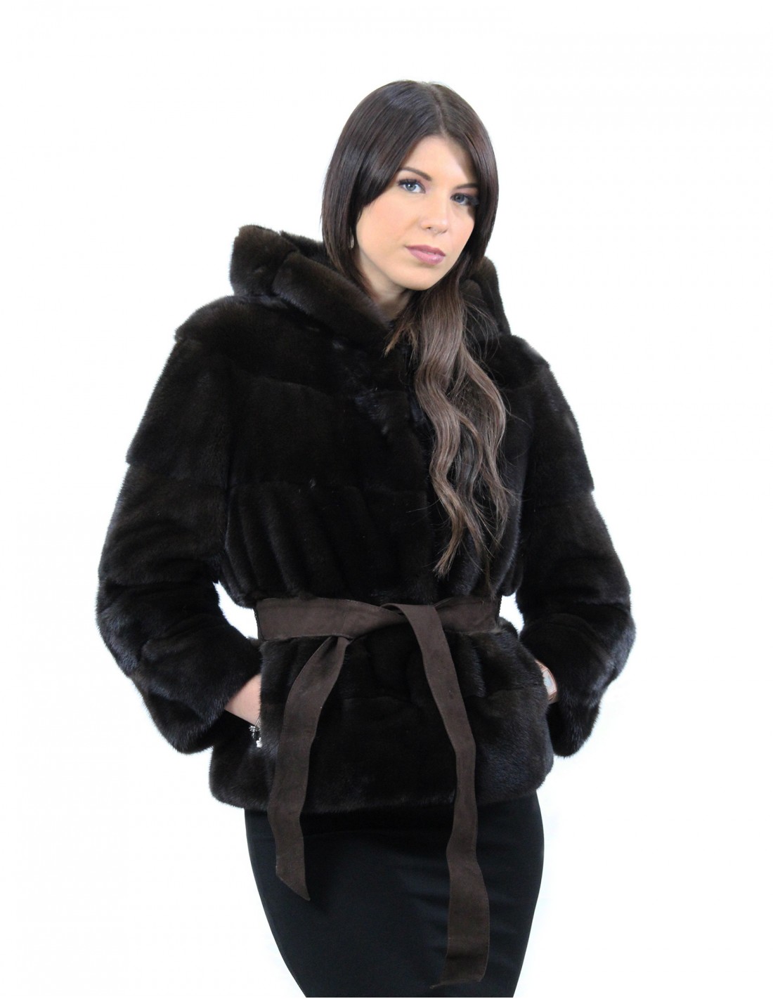 Mahagoni Kapuzenjacke Größe 44 horizontales Nerzfell mit Ledergürtel Außentaschen – Bild 4