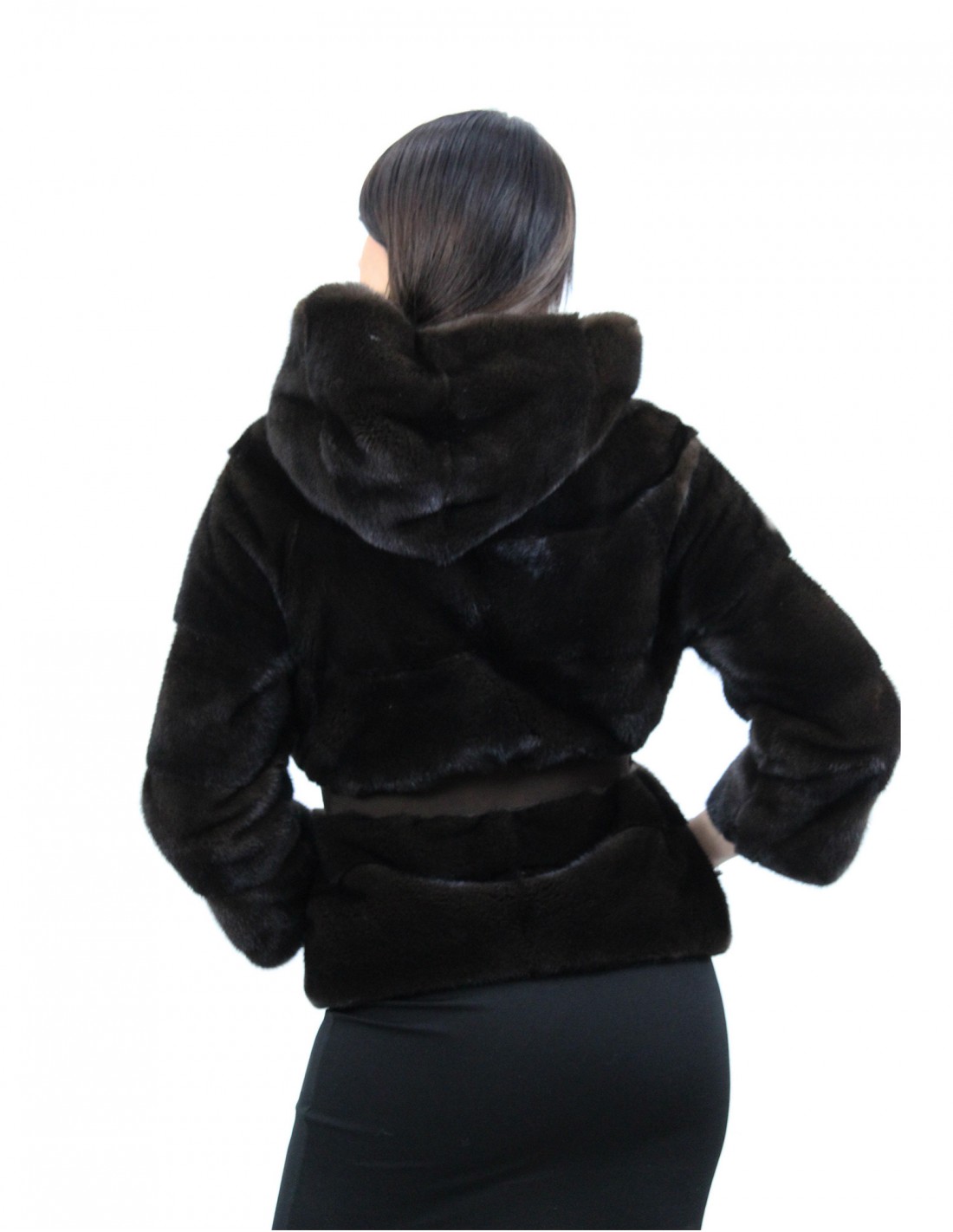 Mahagoni Kapuzenjacke Größe 44 horizontales Nerzfell mit Ledergürtel Außentaschen – Bild 6