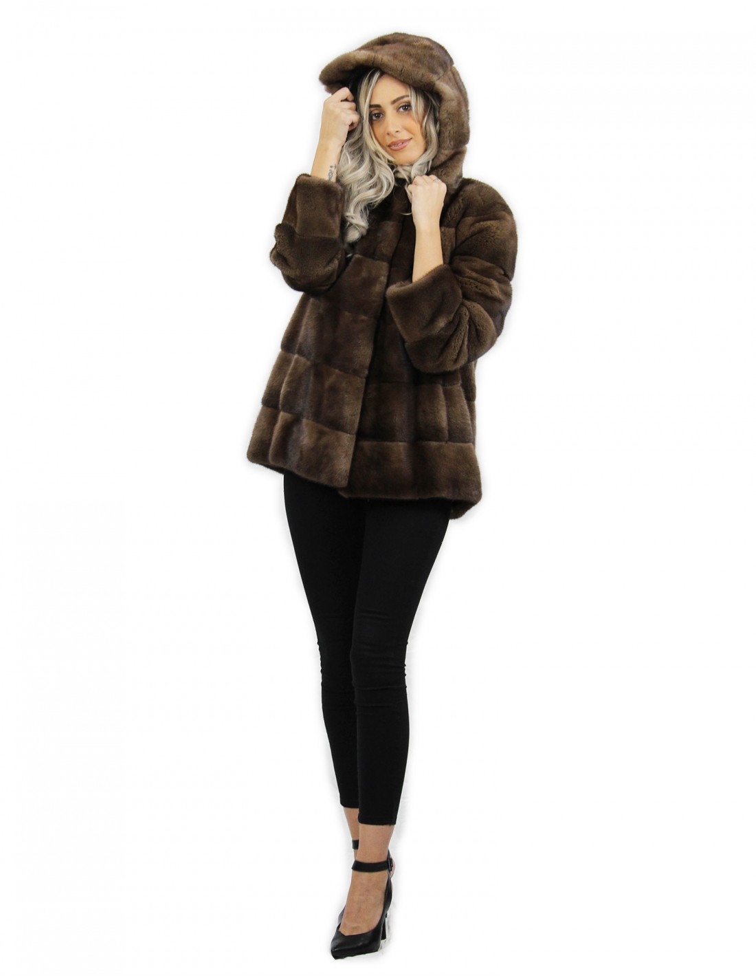 Hooded jacket scanbrown 70 cm long size 54 horizontal mink fur coat with leather belt external pockets - Image 5