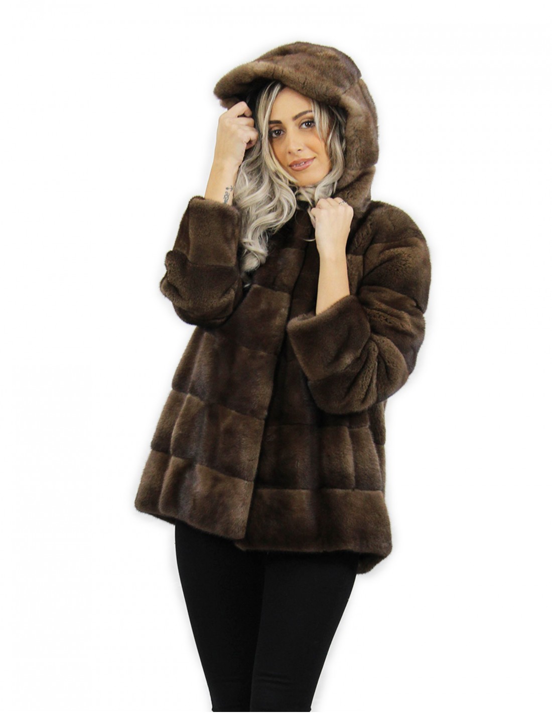 Giacca con cappuccio scanbrown lungo 70 cm taglia 54 pelliccia di visone orizzontale con cintura in pelle tasche esterne