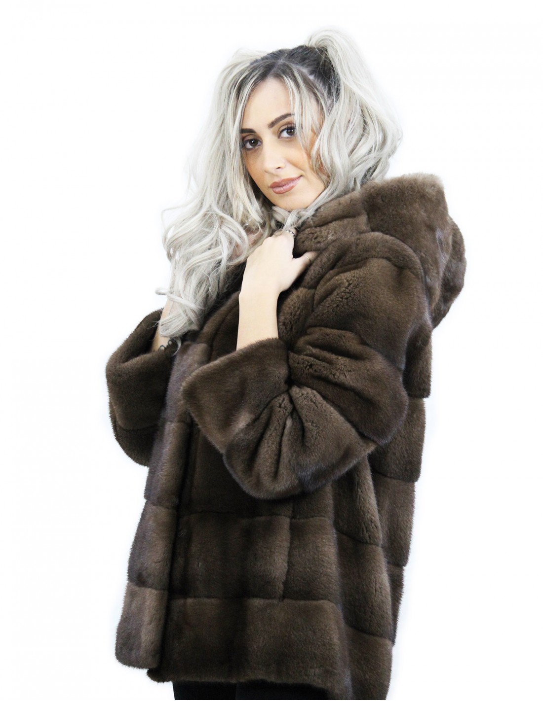 Hooded jacket scanbrown 70 cm long size 54 horizontal mink fur coat with leather belt external pockets - Image 3