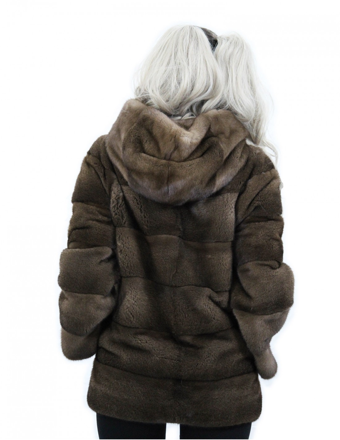 Hooded jacket scanbrown 70 cm long size 54 horizontal mink fur coat with leather belt external pockets - Image 6