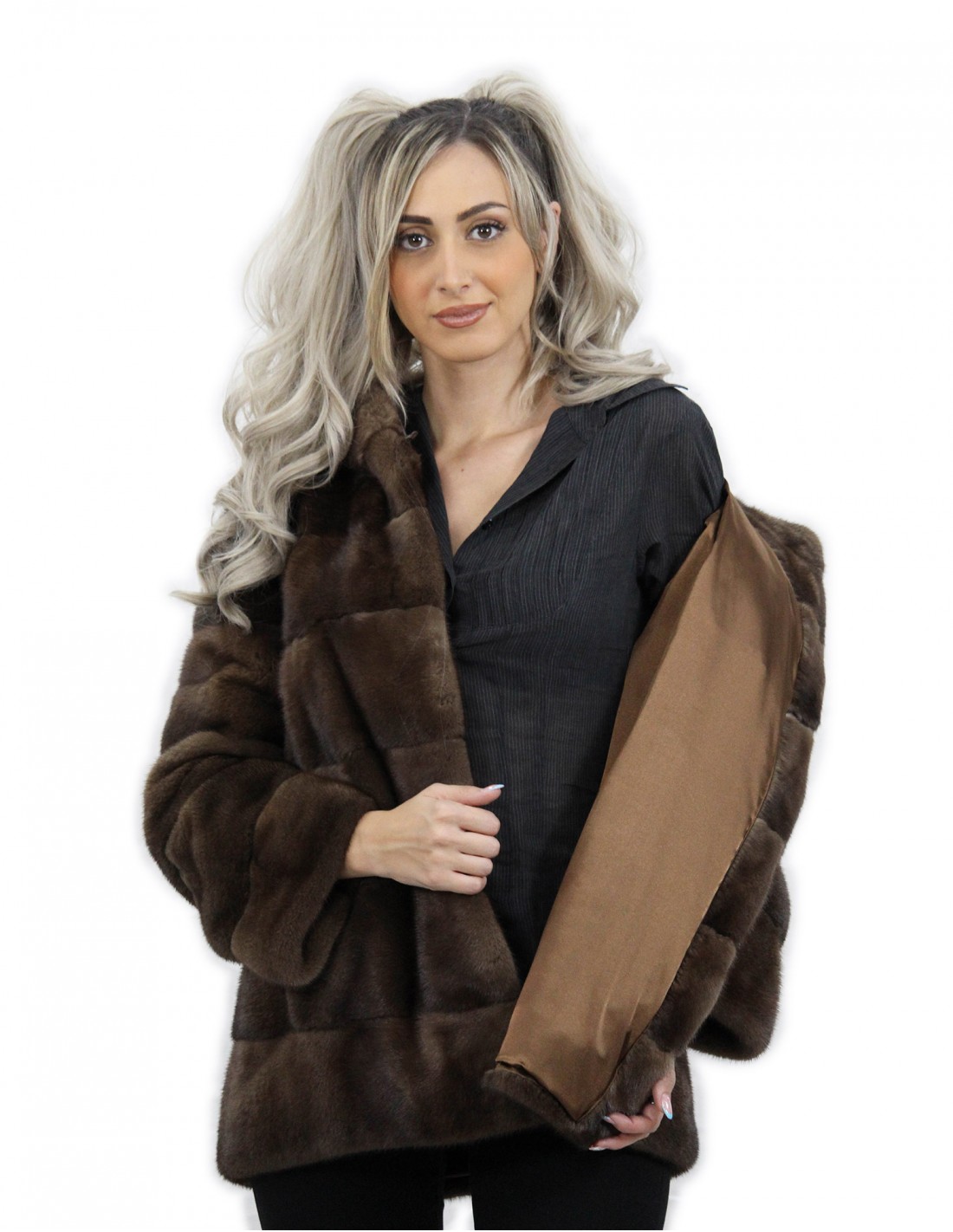 Hooded jacket scanbrown 70 cm long size 54 horizontal mink fur coat with leather belt external pockets - Image 7